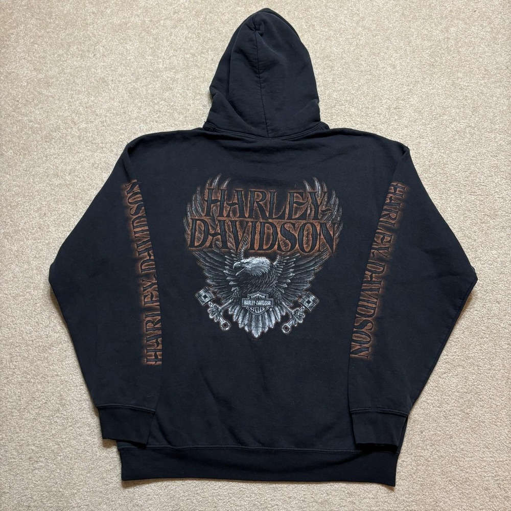 Harley-Davidson Hoodie Sweatshirt Mens Large Black Eagle Sleeve Graphic Biker